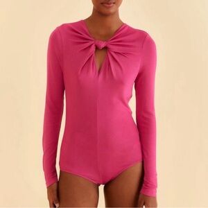 FARM Rio Fuchsia Long Sleeve Knot-Front Bodysuit like new size S